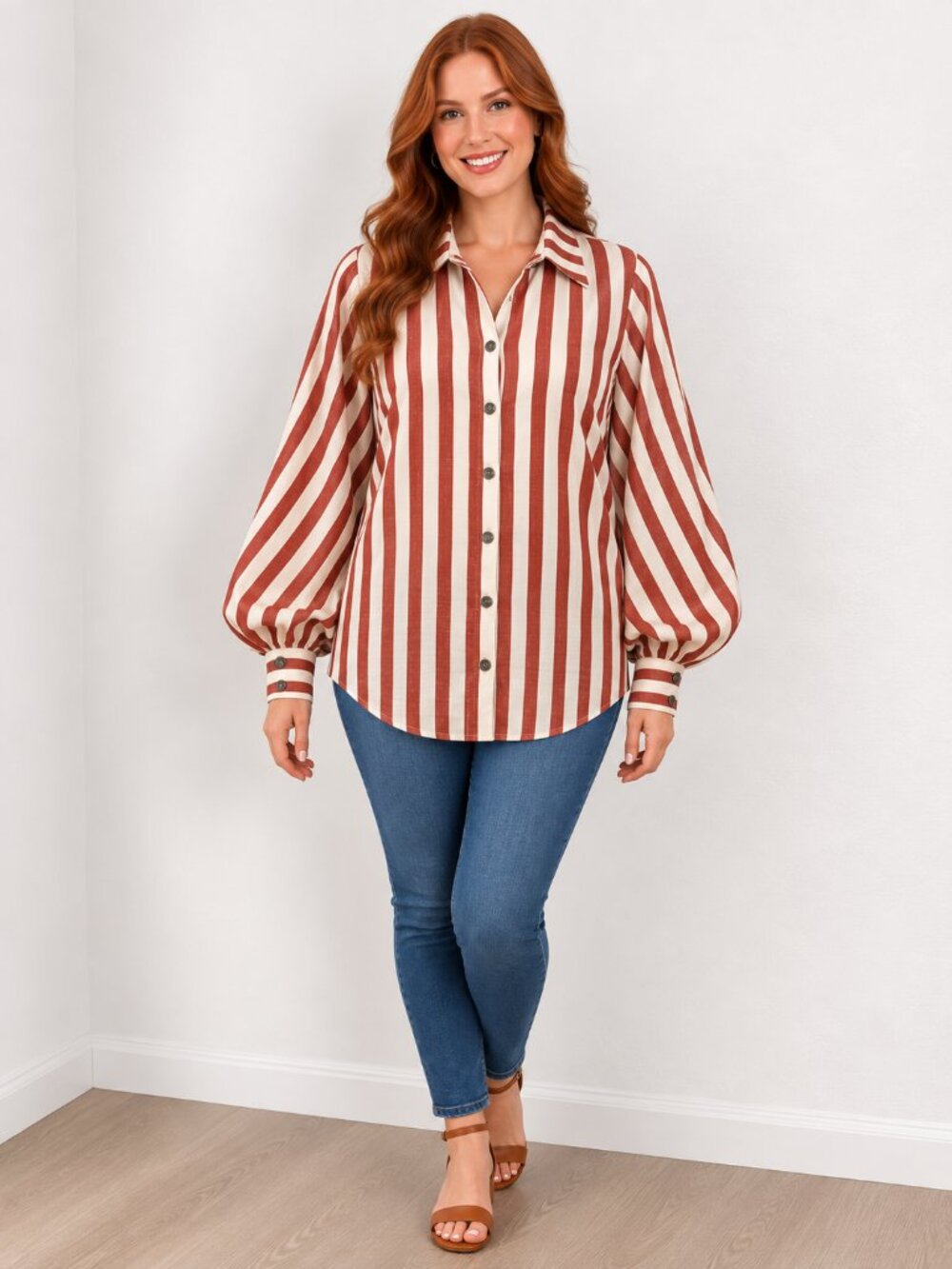Entro Rust & Cream Stripe Buttondown Blouse with Balloon Sleeves, Sz Large